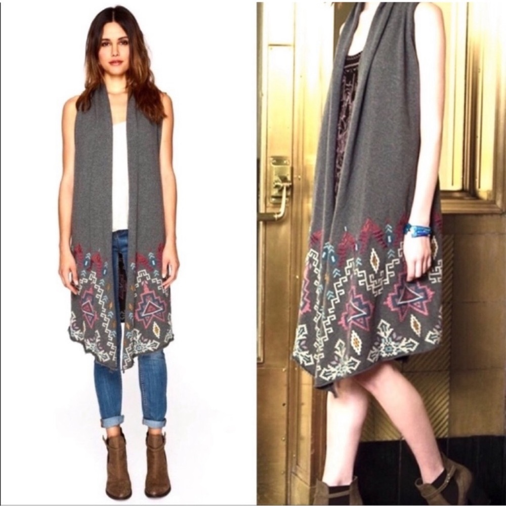Johnny Was Tisha Gray Embroidered Drape Sleeveless Cardigan Vest Small